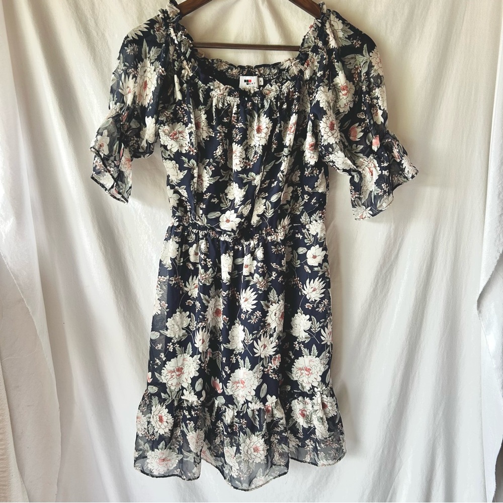 Temt Navy Floral Midi Dress size 8 chiffon boho puff sleeve cottage core